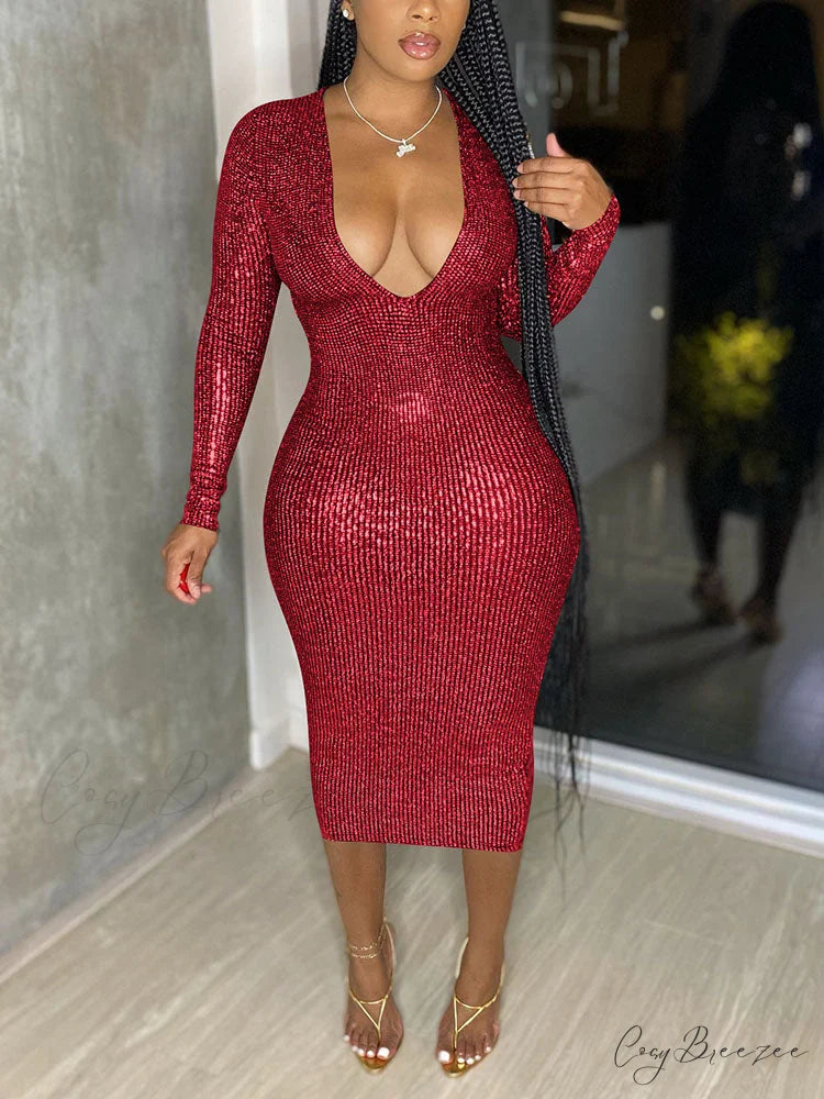Deep V Neck Trendy Lace Up Mini Dress Red / M