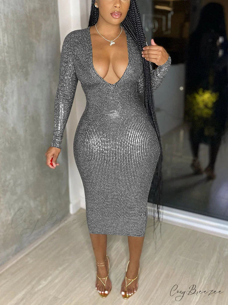 Deep V Neck Trendy Lace Up Mini Dress Silver / M