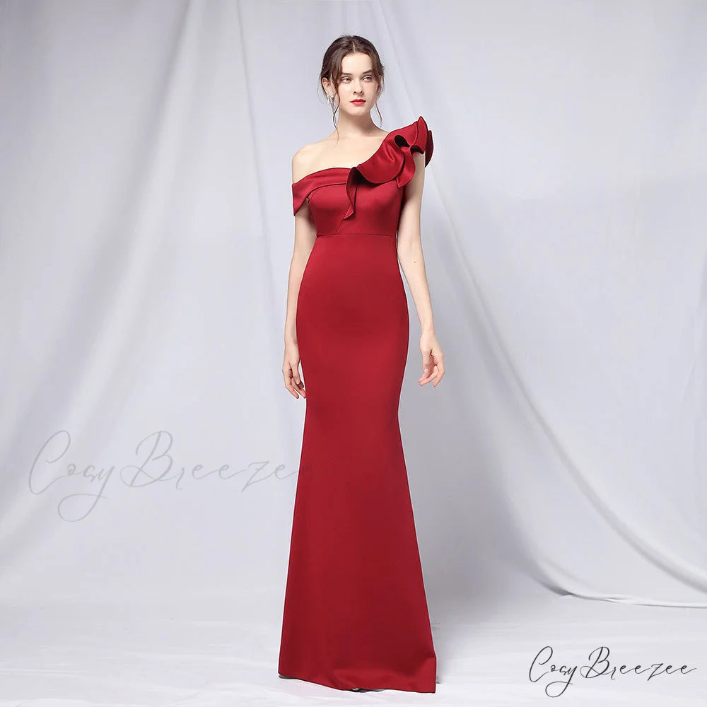 Delana Elegant Formal Charming One Shoulder Dress BURGUNDY / S