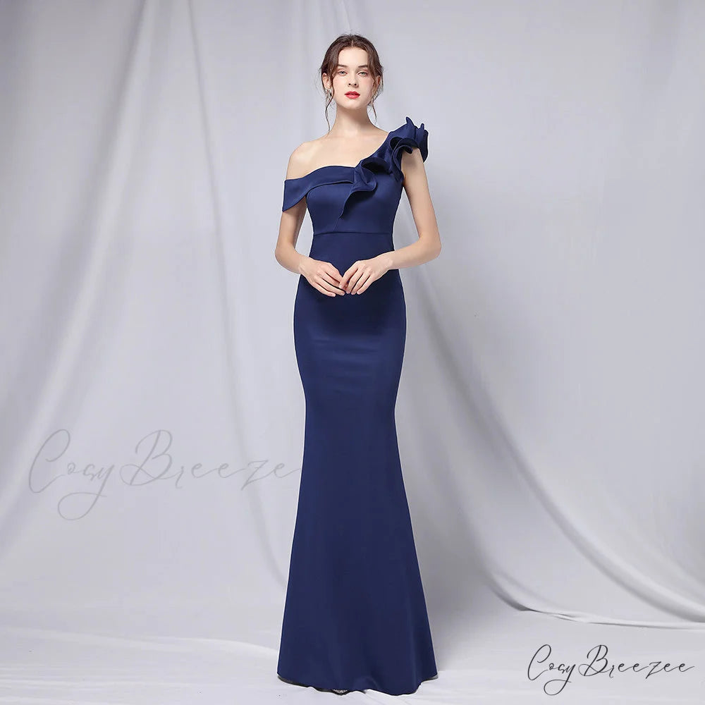 Delana Elegant Formal Charming One Shoulder Dress NAVY / XS