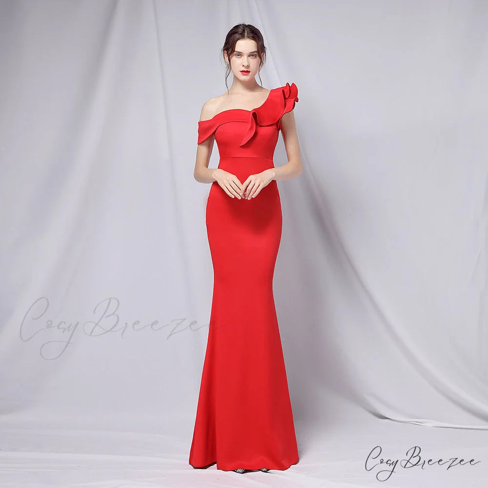 Delana Elegant Formal Charming One Shoulder Dress RED / XS