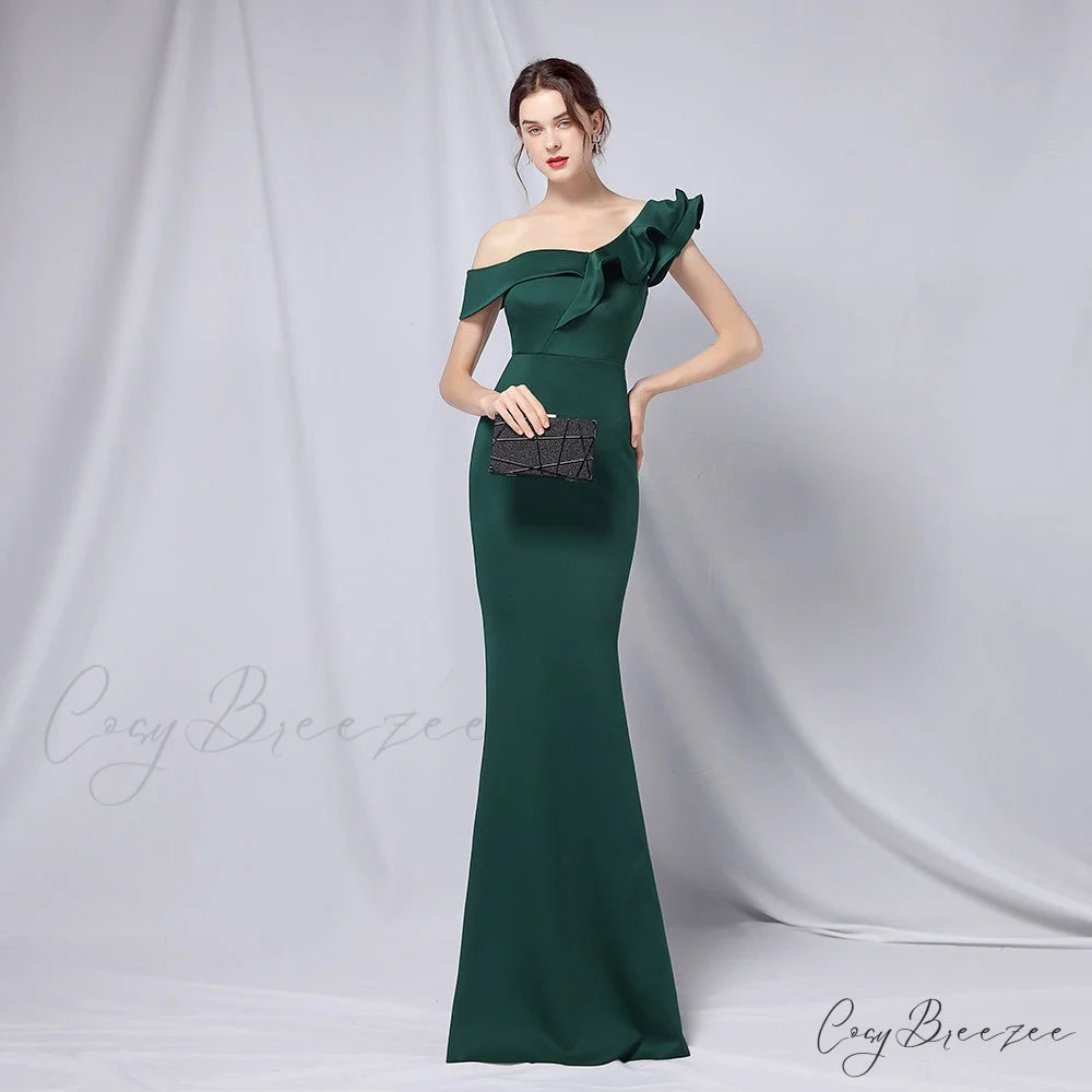 Delana Formal One Charming Shoulder Satin Dress HUNTER / S