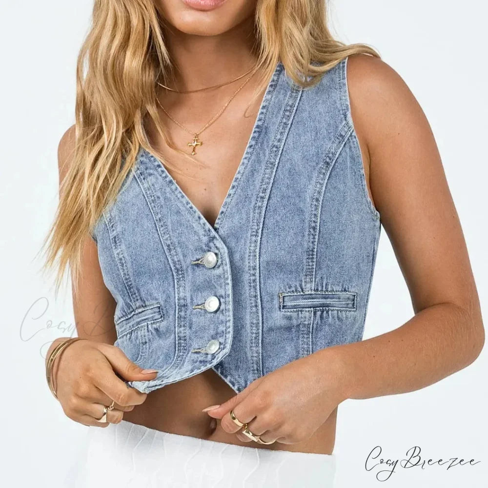 Denim Button Chic Crop Top Blue / S croptop-250223