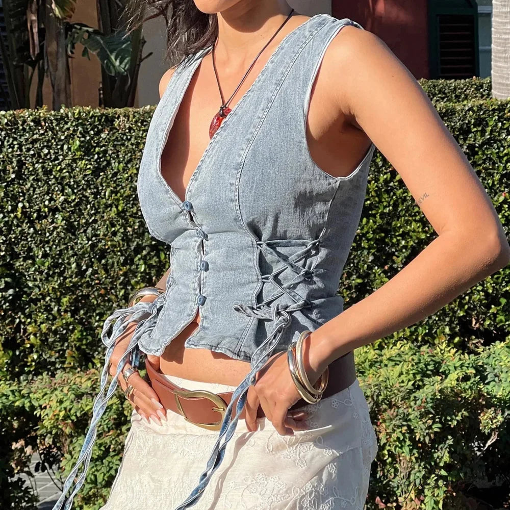 Denim Button V-Neck Crop Top Blue / S croptop-250223