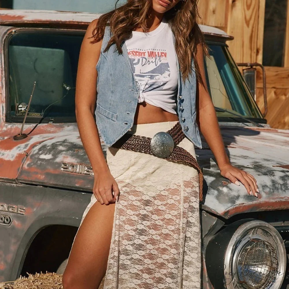 Denim Button Western Crop Top Light Blue / S croptop-250223
