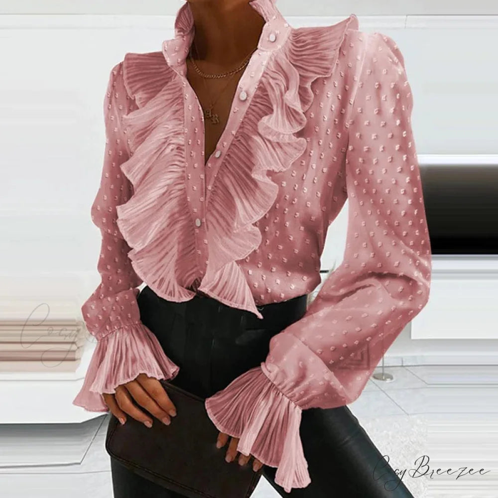 Denim Frilled V-neck Pleated Blouse Pink / S blouse-250126