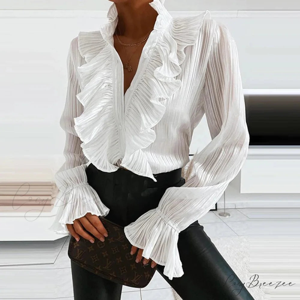 Denim Frilled V-neck Pleated Blouse WHITE / S blouse-250126