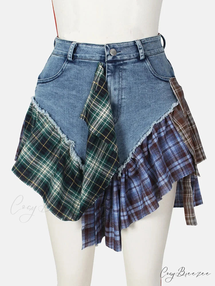 Denim Patchwork Graceful Plaid Shorts