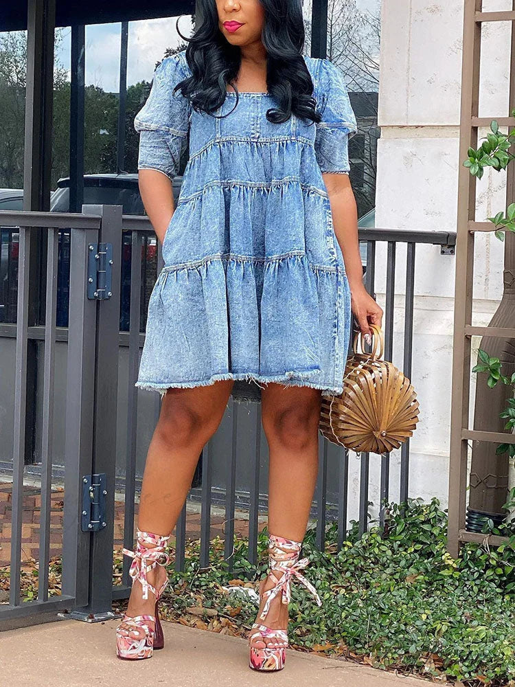 Denim Pockets Graceful Slit Skirt Blue / S