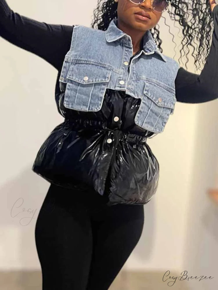 Denim Puff Graceful Sleeve Mini Dress Black / One Size