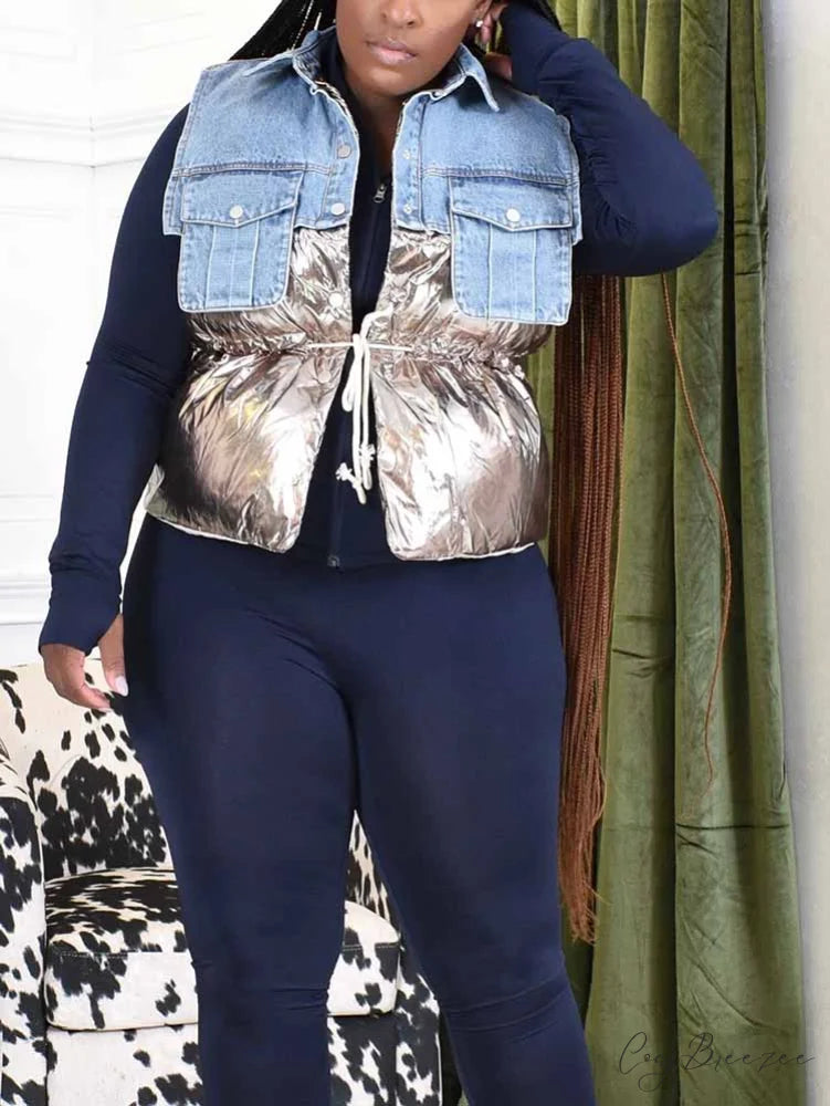 Denim Puff Graceful Sleeve Mini Dress Gold / One Size