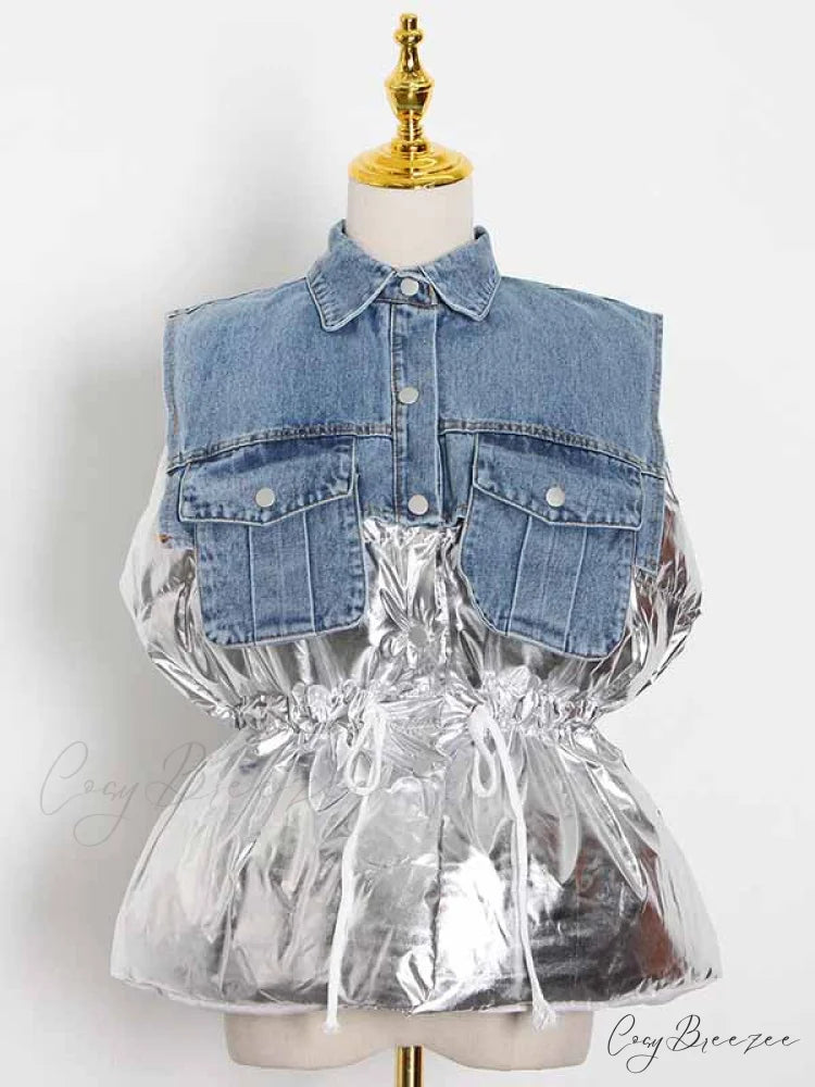 Denim Puff Graceful Sleeve Mini Dress Silver / One Size
