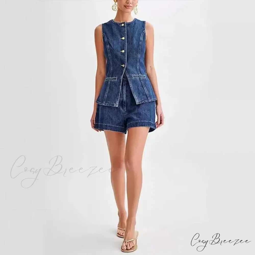 Denim Round Neck Sleeveless Shorts Work Set blue set / S officetwopieceset-250223