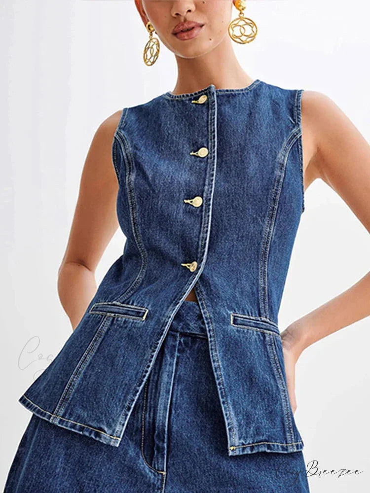 Denim Round Neck Sleeveless Shorts Work Set blue vest / S officetwopieceset-250223