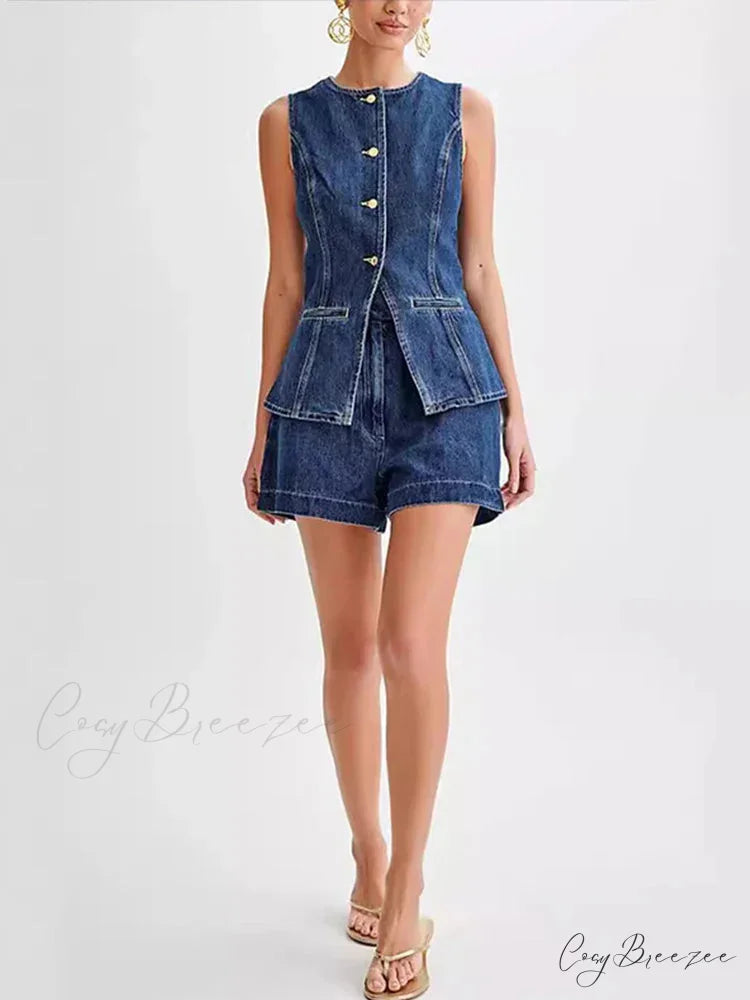 Denim Round Neck Sleeveless Shorts Work Set officetwopieceset-250223