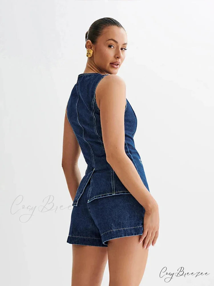 Denim Round Neck Sleeveless Shorts Work Set officetwopieceset-250223