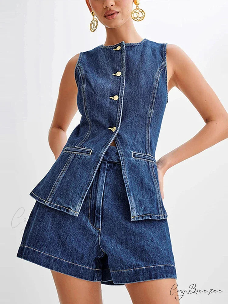 Denim Round Neck Sleeveless Shorts Work Set officetwopieceset-250223