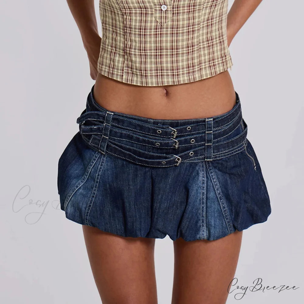 Denim Ruffle Buckled Belted Skirt Blue / S skirts-250223