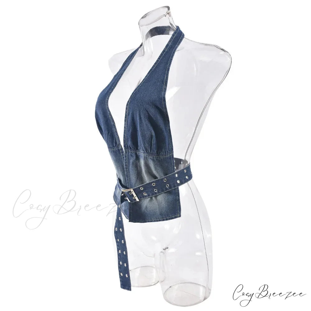 Denim Strap Plunge Charming Open Back Halter Top