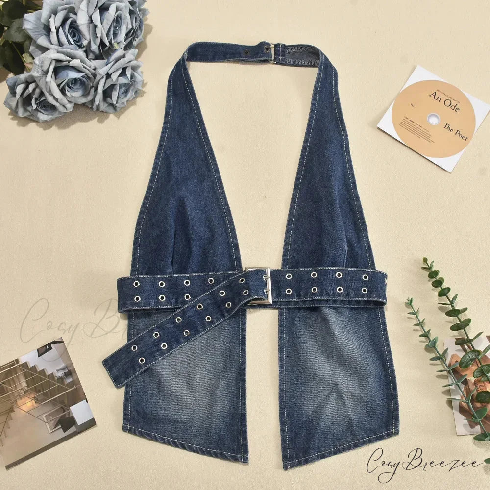 Denim Strap Plunge Charming Open Back Halter Top