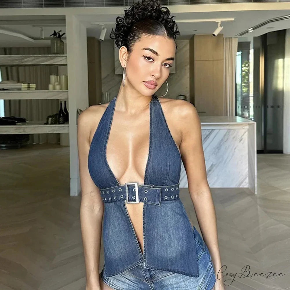 Denim Strap Plunge Charming Open Back Halter Top