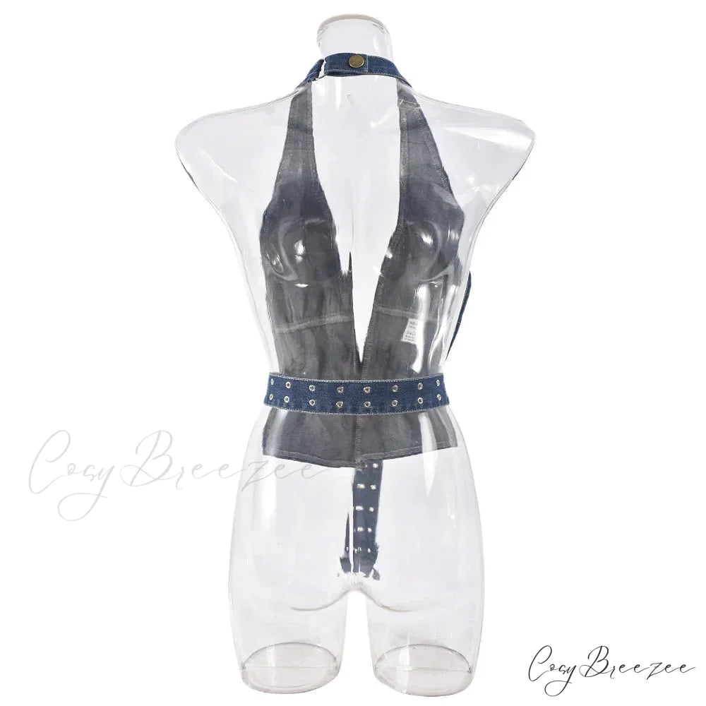 Denim Strap Plunge Charming Open Back Halter Top