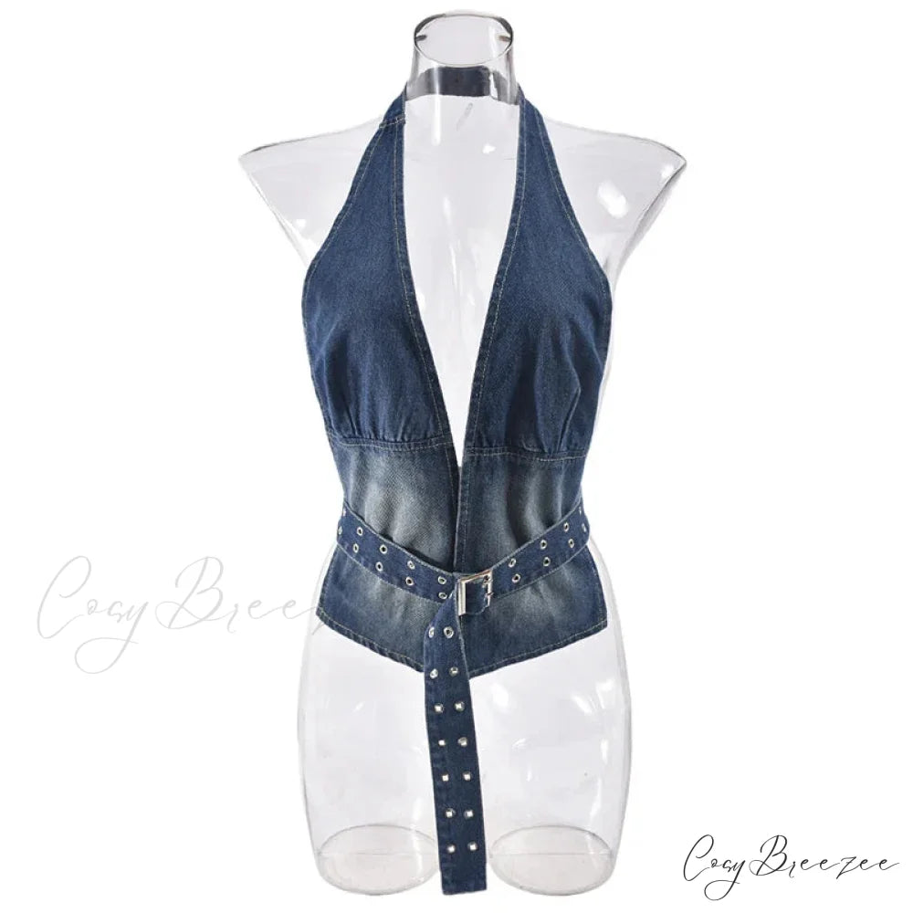 Denim Strap Plunge Charming Open Back Halter Top