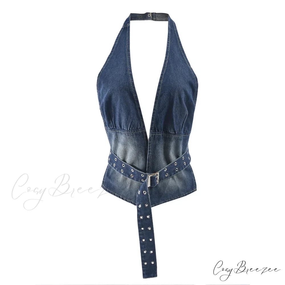 Denim Strap Plunge Charming Open Back Halter Top blue / M