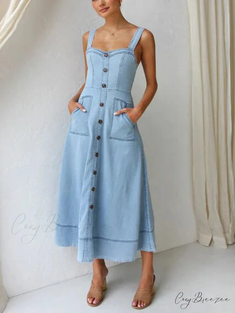 Denim Suspender Casual Charming Button Midi Dress