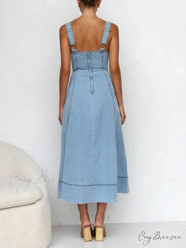 Denim Suspender Casual Charming Button Midi Dress