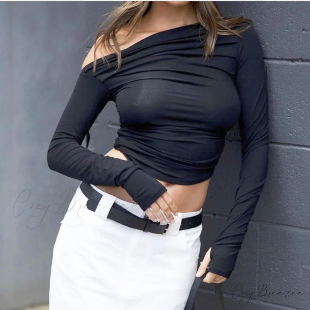 design Women’s outer wear tops niche long-sleeved off-the-shoulder shirt Black / S