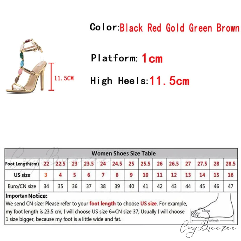 Designer High Heels Women Sexy 11.5CM Stiletto Sandals Bohemian Colour Gem Strap Open Toe Wedding Banquet Shoes