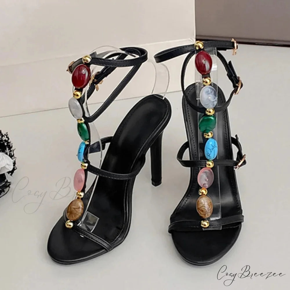 Designer High Heels Women Sexy 11.5CM Stiletto Sandals Bohemian Colour Gem Strap Open Toe Wedding Banquet Shoes Black