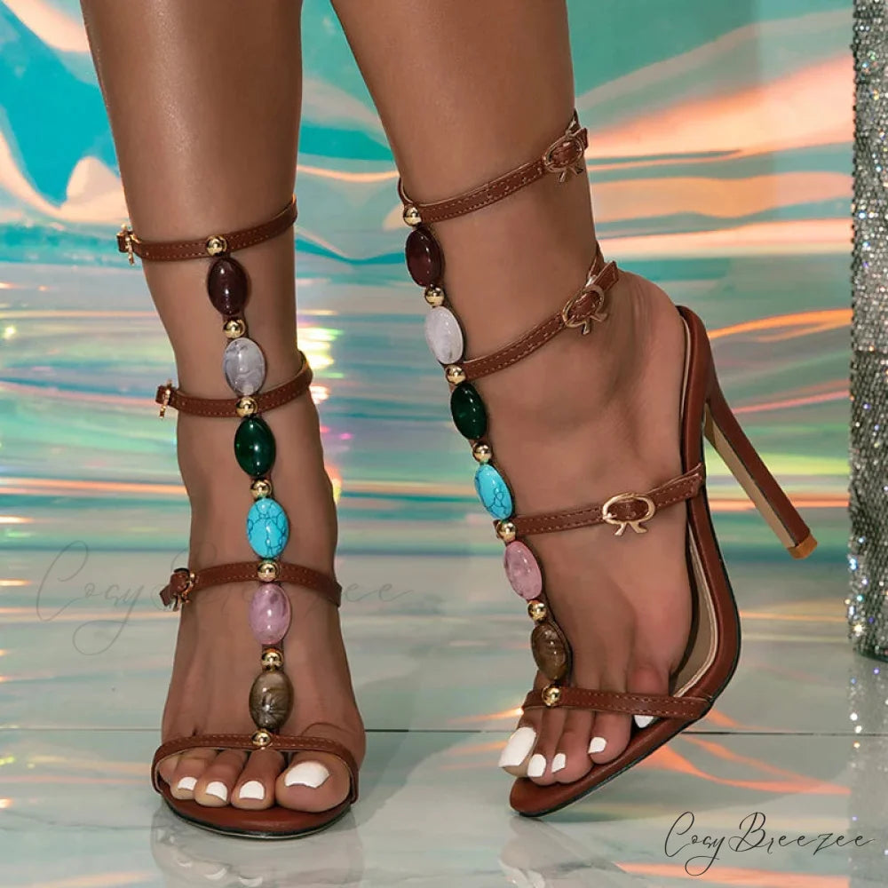 Designer High Heels Women Sexy 11.5CM Stiletto Sandals Bohemian Colour Gem Strap Open Toe Wedding Banquet Shoes Brown