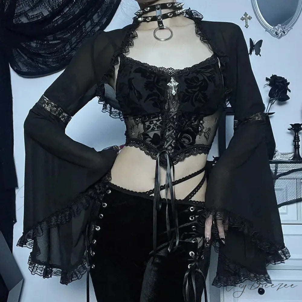 Diablo Lace Cover Up Kam Shoulder Halloween Half Sleeve Gothic Hollowing Out Cardigan