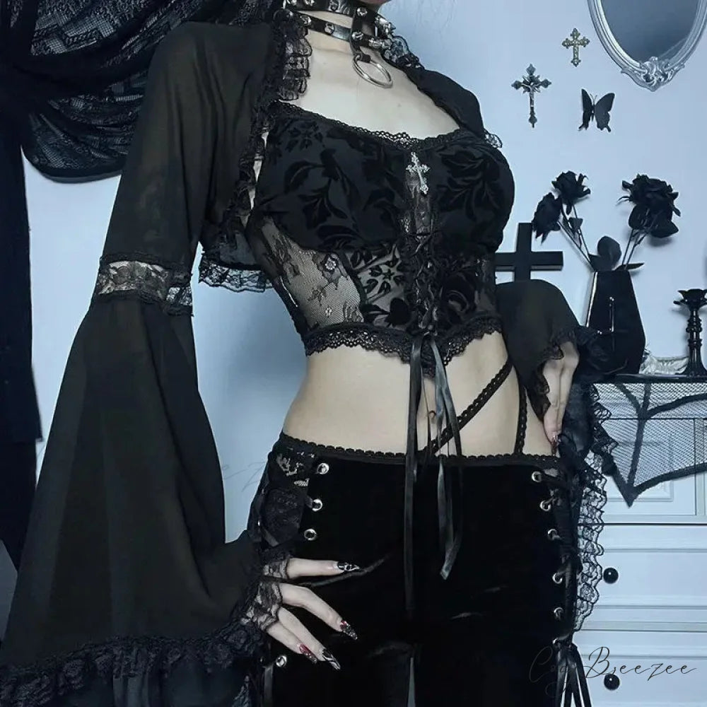Diablo Lace Cover Up Kam Shoulder Halloween Half Sleeve Gothic Hollowing Out Cardigan