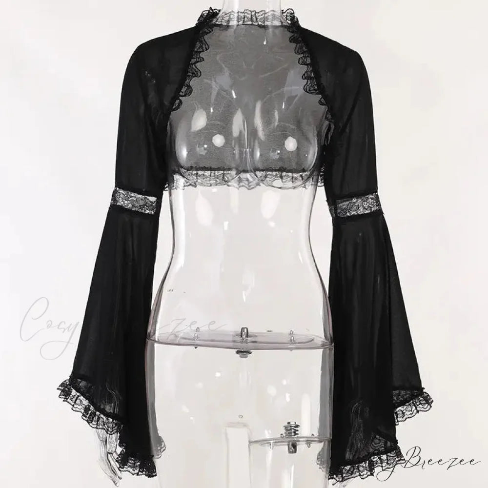 Diablo Lace Cover Up Kam Shoulder Halloween Half Sleeve Gothic Hollowing Out Cardigan Black / S
