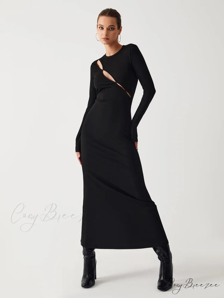 Diagonal Keyhole Long Trendy Sleeve Long Dress