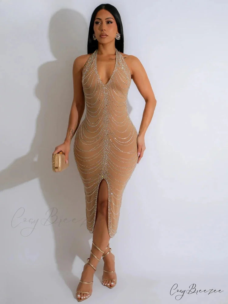 Diamond Halter Midi Party Dress apricot dress / S