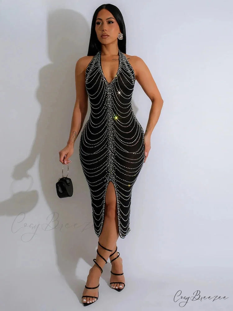 Diamond Halter Midi Party Dress black dress / S