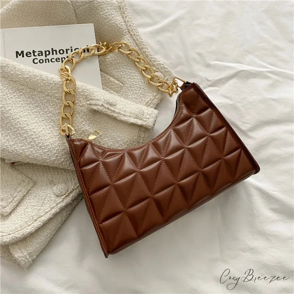 Diamond Pattern PU Leather Chain Shoulder Bag Brown handbag-250126