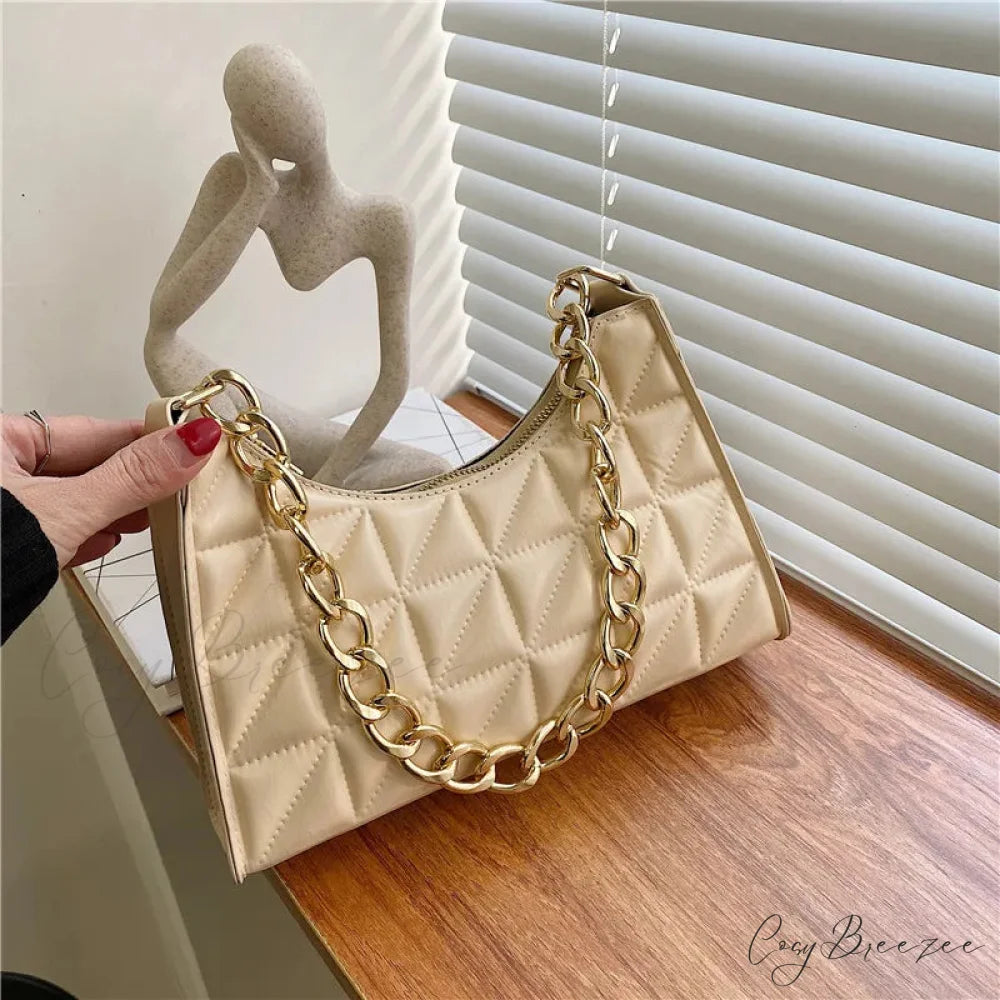 Diamond Pattern PU Leather Chain Shoulder Bag Champagne handbag-250126