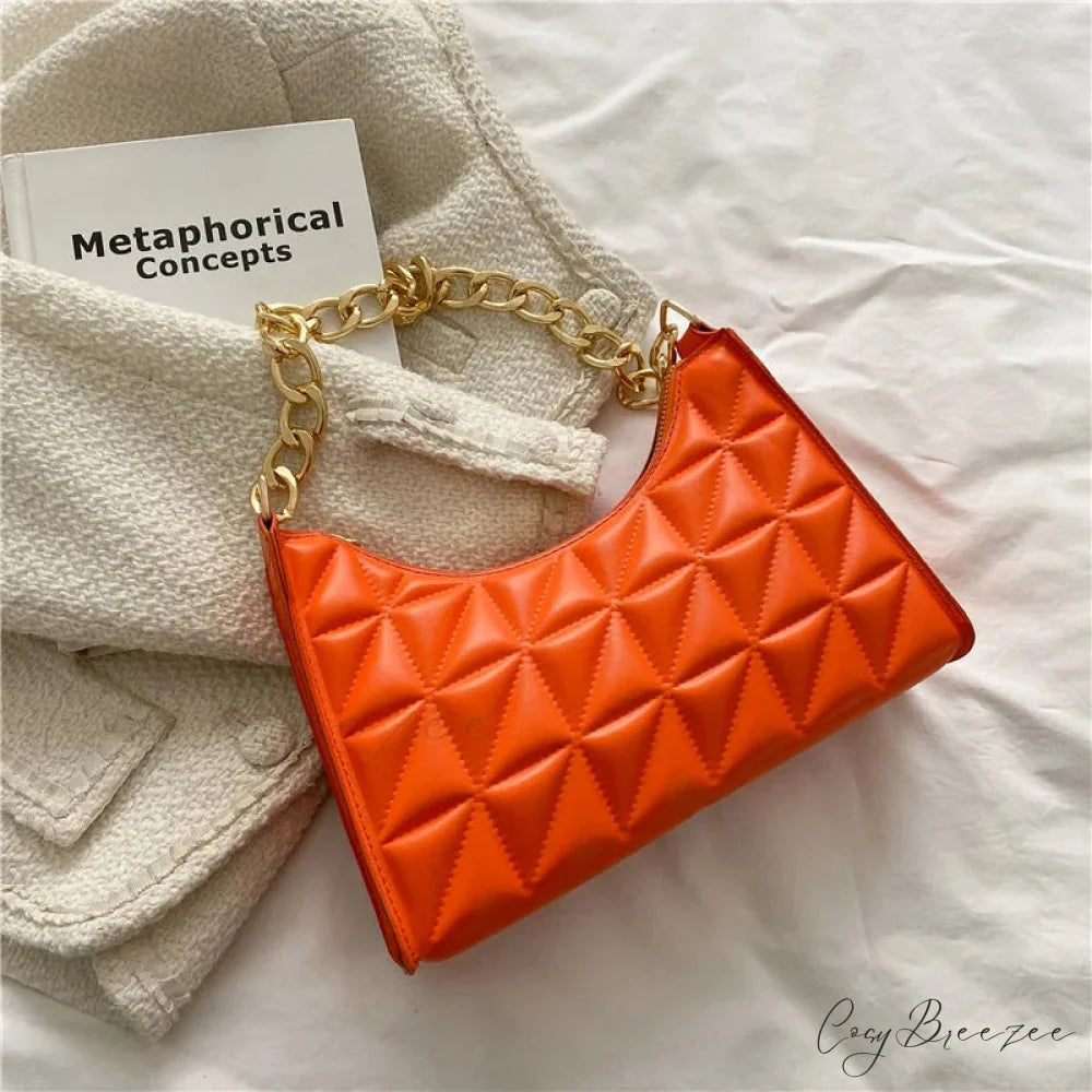 Diamond Pattern PU Leather Chain Shoulder Bag Orange handbag-250126