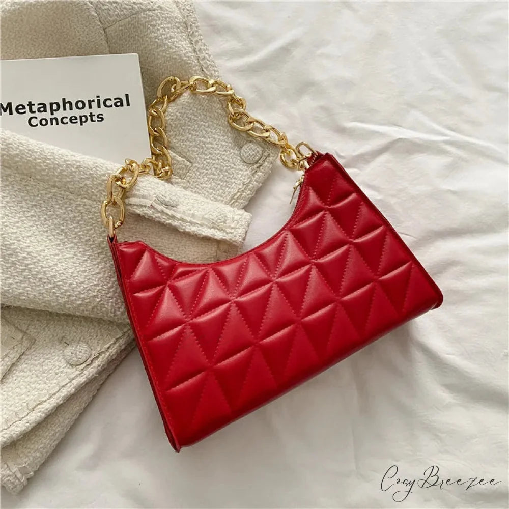 Diamond Pattern PU Leather Chain Shoulder Bag Red handbag-250126