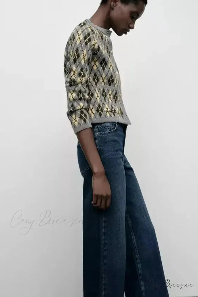 Diamond Pattern Round Neck Knitted Cardigan cardigans-241228