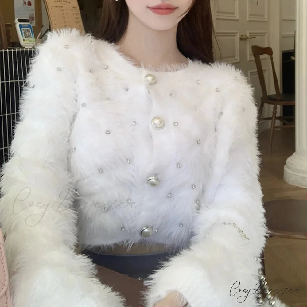 Diamond Pink Plush Knit Cardigan WHITE / One Size