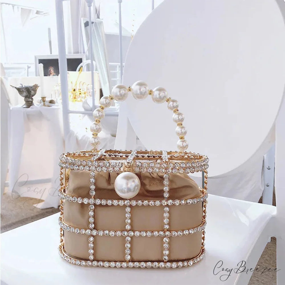 Diamonds Basket Clutch Luxury Pearl Beaded Wedding Party Evening Bag BROWN / Mini(Max Length<20cm) clutchbag-250126