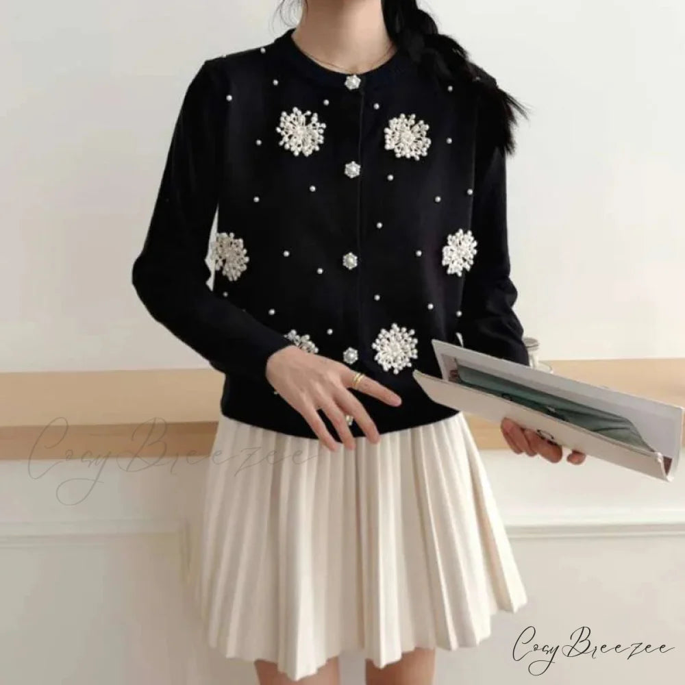 Diamonds Pearl Floral Slim O-neck Cardigan Black / S