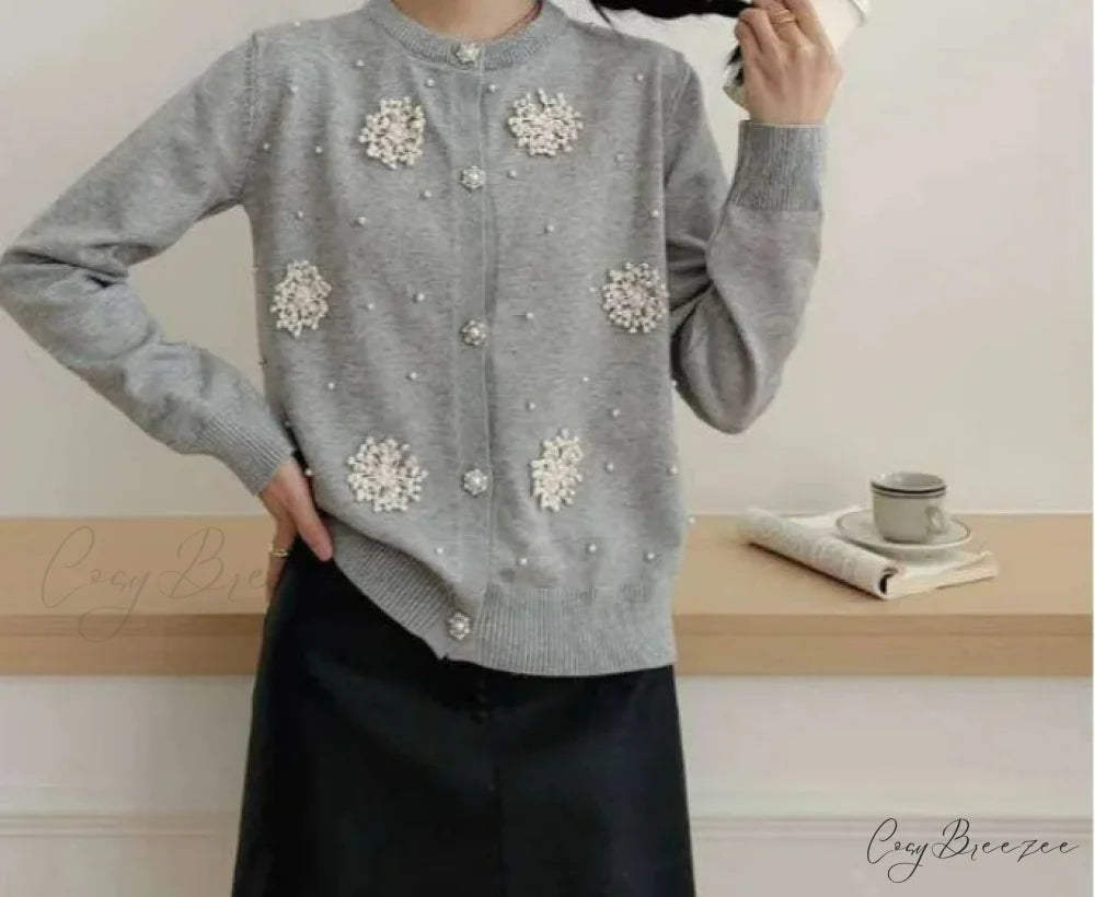 Diamonds Pearl Floral Slim O-neck Cardigan GRAY / S
