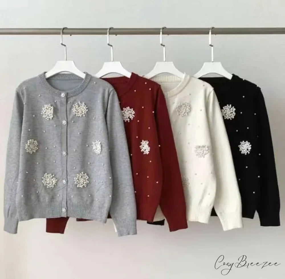 Diamonds Pearl Floral Slim O-neck Cardigan WHITE / S